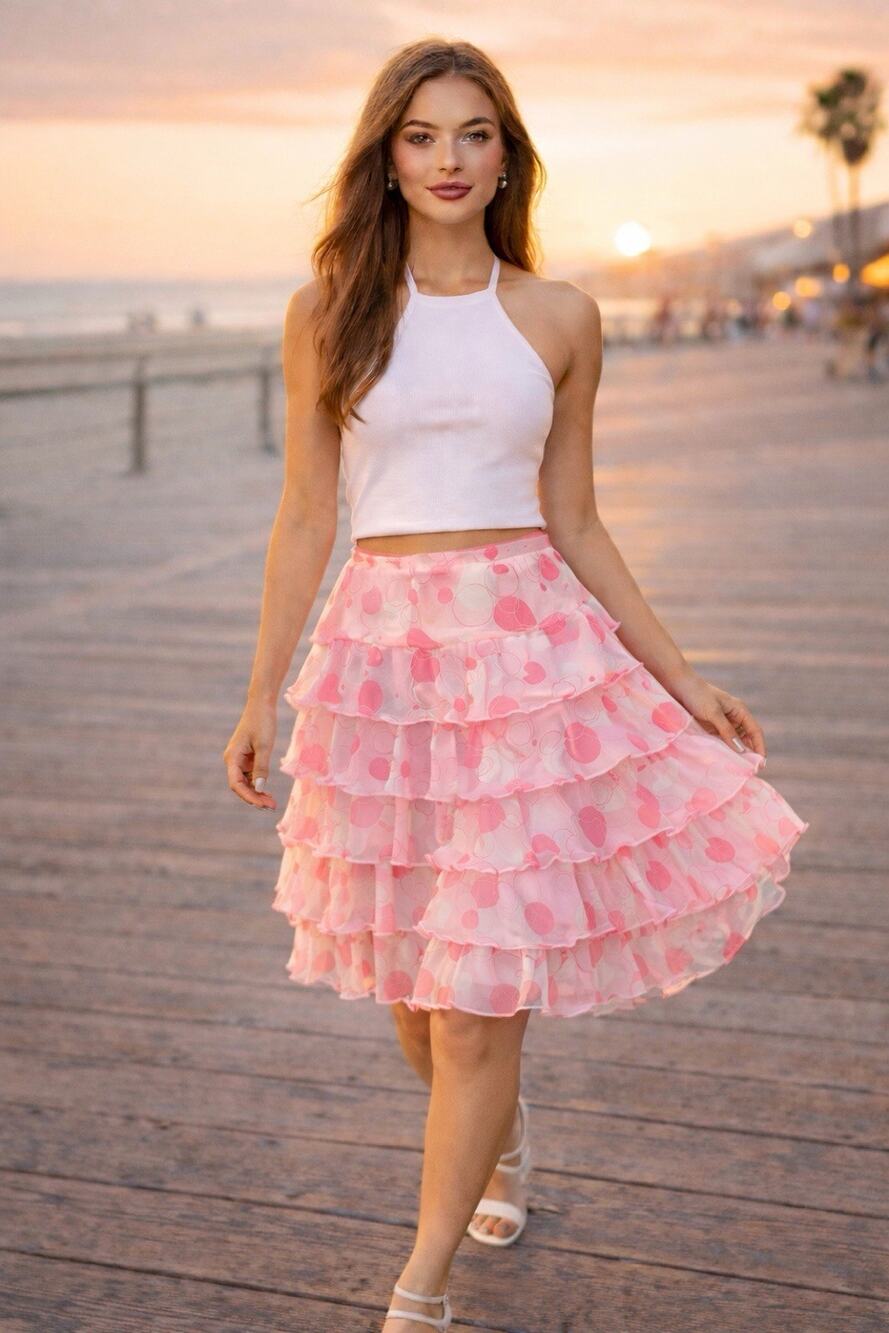 Bob Mackie Studio Pink Silk Ruffle Skirt Sz 8 Y2K Tiered Bubble Barbie Valentine